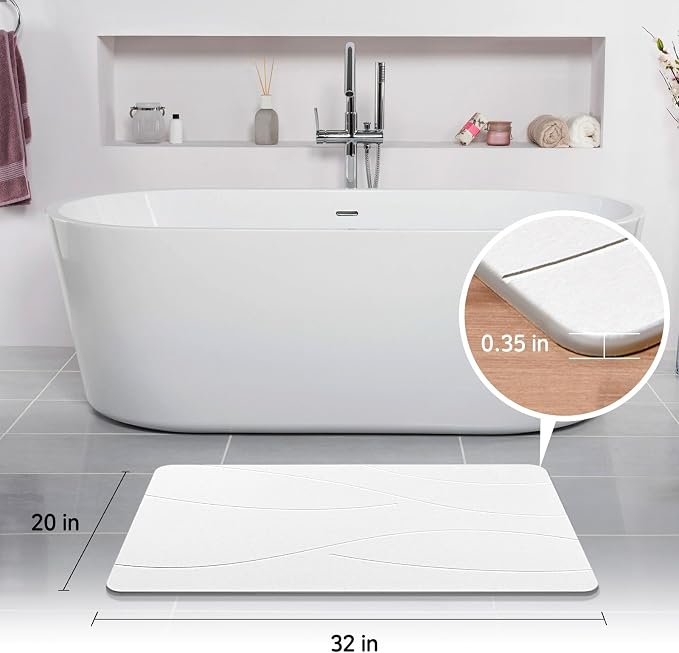 32"x20" Stone Bath Mat, Diatomaceous Earth Shower Mat, Non-Slip Super Absorbent Quick Drying Bathroom Floor Mat, Natural, Easy to Clean (Milky White)