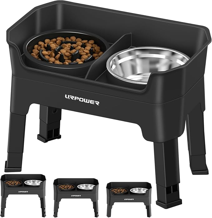 URPOWER 3-in-1 Elevated Dog Bowls with Slow Feeder & Licking Plate | 4 Height Adjustable Raised Stand with 2 Stainless Steel Food Bowls & Licking Plate for Small, Medium & Large Dogs