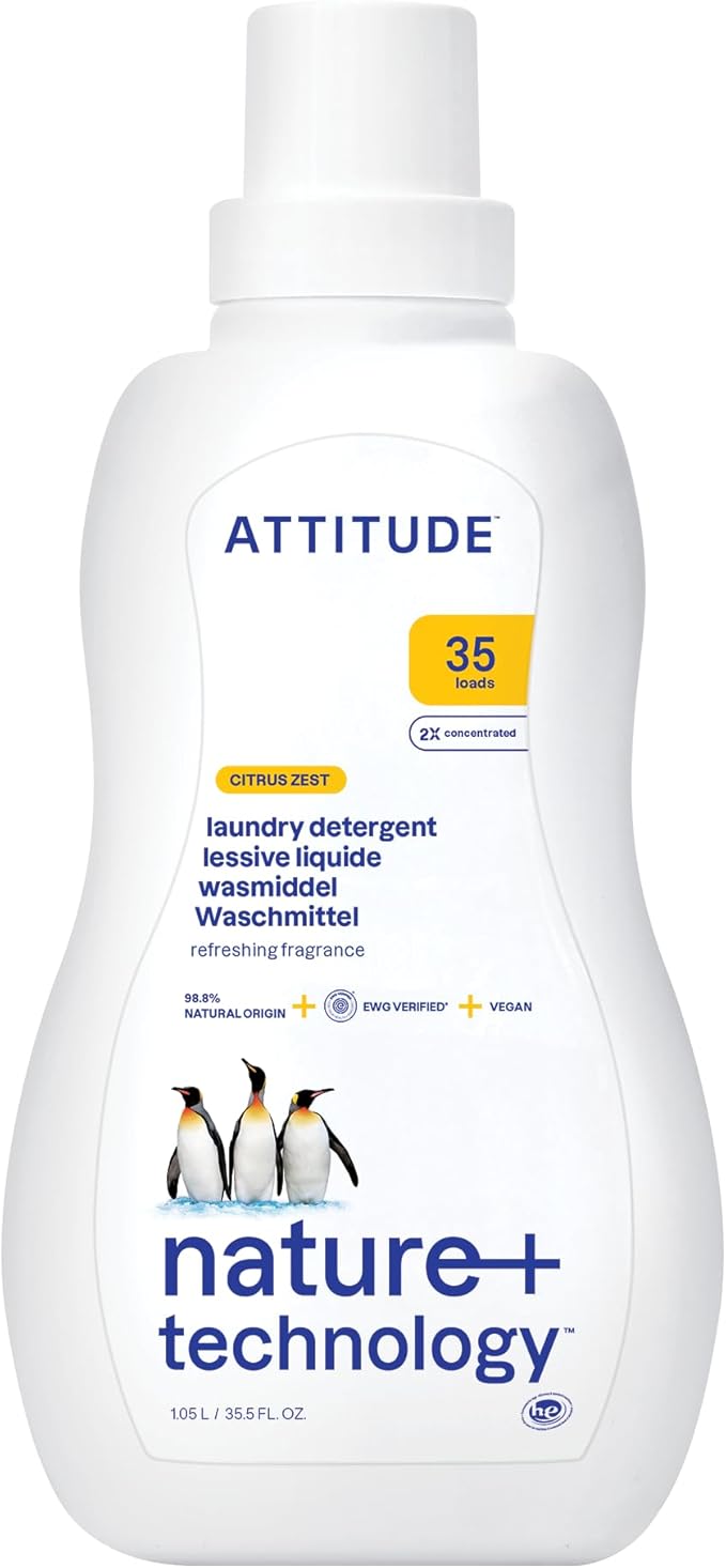 ATTITUDE Liquid Laundry Detergent, EWG Verified, HE Compatible, Plant-Based & Vegan, Natural Laundry Soap, Citrus Zest Scent, 35 Loads, 35.5 Fl Oz