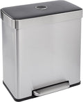 Amazon Basics Dual Compartment Recycling Trash Can with Soft-Close Lid, Fingerprint Resistant, Removable Liner Buckets, 60 Liters, Rectangular, Grey, Silver