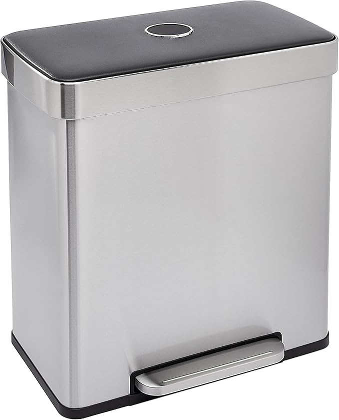 Amazon Basics Dual Compartment Recycling Trash Can with Soft-Close Lid, Fingerprint Resistant, Removable Liner Buckets, 60 Liters, Rectangular, Grey, Silver
