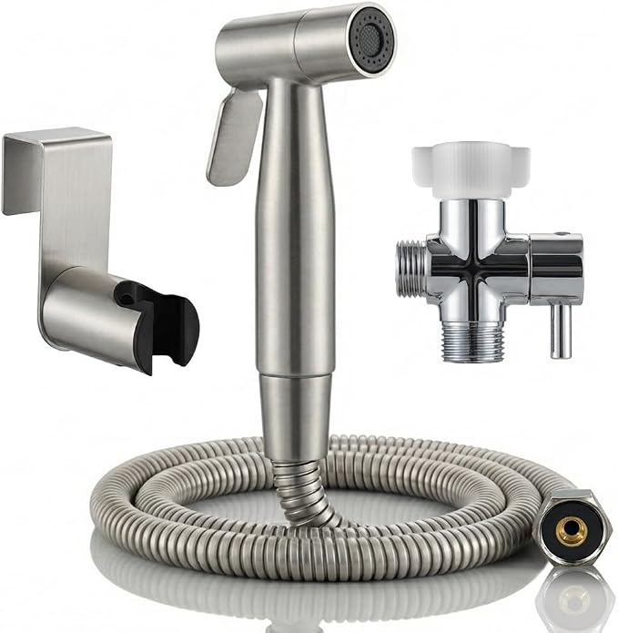BARROCK Handheld Bidet Sprayer for Toilet, Stainless Steel Metal Made Baby Cloth Diaper Spraying Kit, Bathroom Toilet Bidet Attachment Set for Bathing Pets and Feminine Hygiene, Brushed Nickel