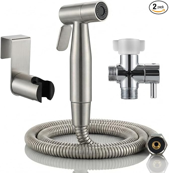 BARROCK Handheld Bidet Sprayer for Toilet, 2 Pack Stainless Steel Metal Made Baby Cloth Diaper Spraying Kit, Bathroom Toilet Bidet Attachment Set for Bathing Pets and Feminine Hygiene, Brushed Nickel