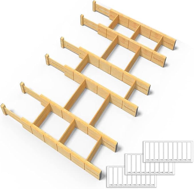 SpaceAid Bamboo Drawer Dividers with Inserts and Labels, Kitchen Adjustable Drawer Organizers, Expandable Organization for Home, Office, Dressers and Bathroom, 6 Dividers with 12 Inserts (17-22 in)