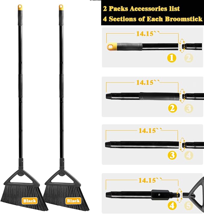 Heavy Duty Broom Outdoor and Indoor, 2 Pack Commercial Angle Brooms with Longer Handle, Perfect Black Broom for Garage, Kitchen, Courtyard, Restaurant