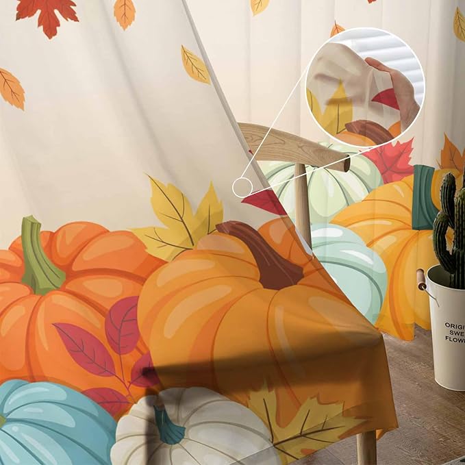 Thanksgiving Fall Chiffon Semi-Sheer Curtain 72 Inch,Autumn Pumpkins Maple Leaves Rod Pocket Voile Window Curtain Panels,Orange Watercolor Tulle Curtains Drape for Living Room/Sliding Door, 104"x72"