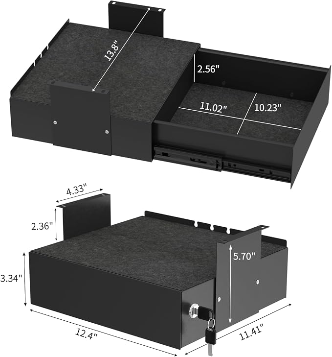 Under Desk Lockable Drawer, Slide-Out Storage Organizer with Full Extension Ball-Bearing Slides, Carbon Steel Undermount Drawer for Home Office Standing Desk, Black, 13.8 Inch