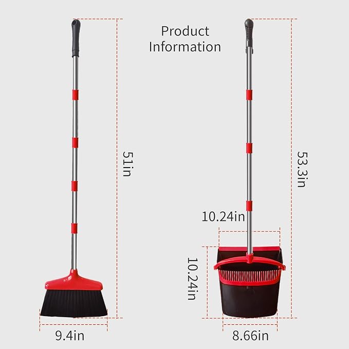 Broom and Dustpan Set (54") Long Handle Home Cleans Collapsible Broom with Dustpan Combo for Sweeping Dorm Classroom Lobby Kitchen Office (Black and Red)