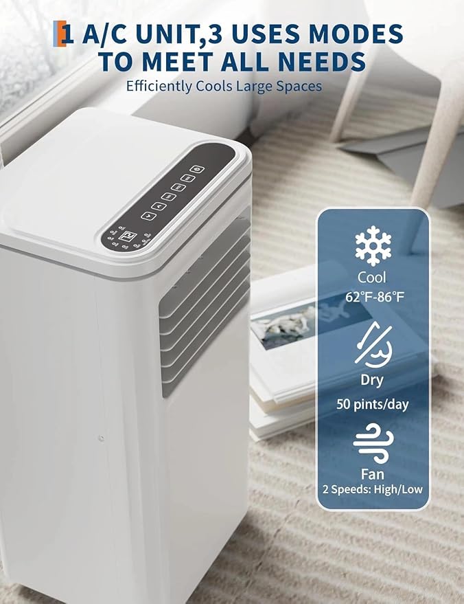 Garvee 8,000 BTU AC Unit, 3-in-1 Portable Air Conditioner with Cooling, Dehumidifier & Fan for Rooms up to 350 sq.ft, Remote Control, Sleep Mode, Timer & Window Kit