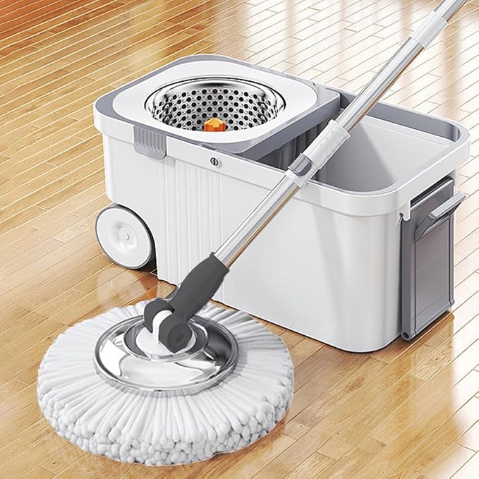 360 Spinning Floor Cleaning System with 6 Replacement Head Refills Extended Handle Hand-Free Automatic Dehydration Mop Cleaning with Bucket for Household Floor Cleaning (White Blue)