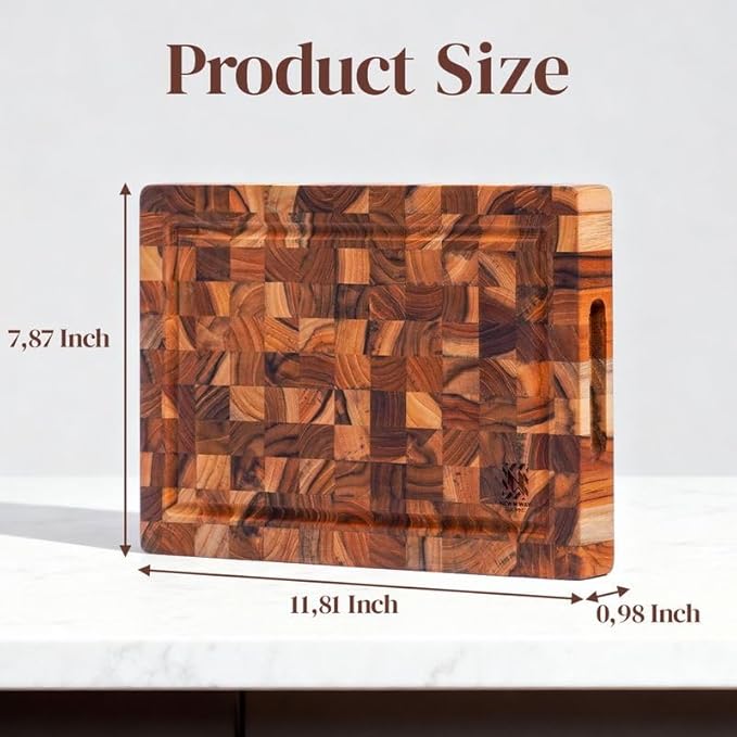 Premium End Grain Teak Cutting Board 12" x 8" x 1" with Handle & Juice Groove, Medium Thick Solid Non-toxic Wood Butcher Block for Meat, Fruit, Cheese & Kitchen Prep by New M Way