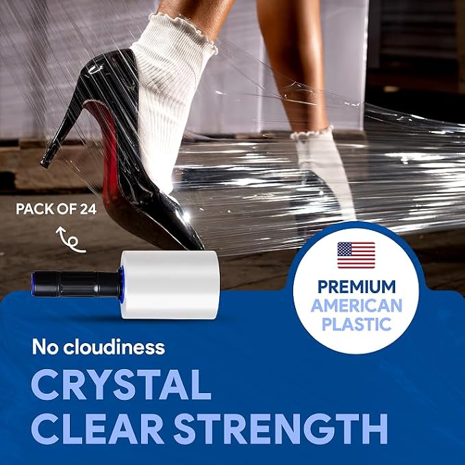 International Plastics Co. 5" Plastic Stretch Film Wrap with Extended Handles 1000ft Each 500% Stretch Clear Cling Durable Adhering Packing Moving Packaging Heavy Duty Shrink (5", 24 Pack)