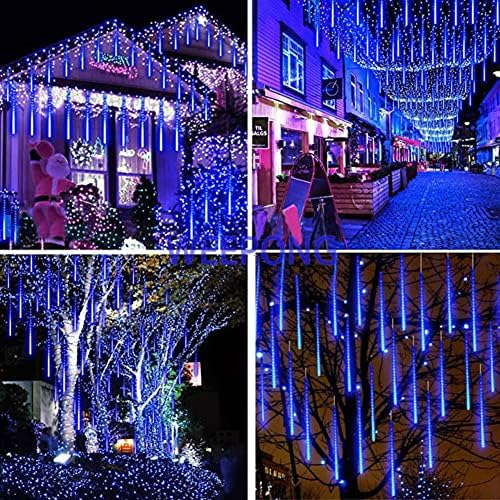 Weepong Meteor Shower Lights Outdoor Christmas Lights UL Certified Falling Rain Drop Snowfall Icicle Cascading String Light for Xmas Holiday Tree Wedding Party Garden Decor Blue, 12 Inch 8 Tubes