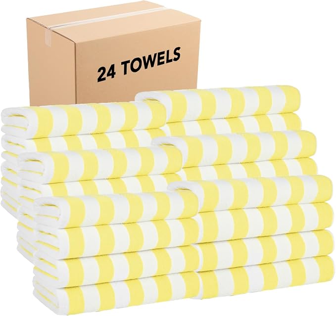 Arkwright California Cabana Stripe Beach Towel Bulk - Case of 24, Large Soft Quick Dry 100% Cotton Terry Towels Set for Pool, Swim, and Hot Tub, Oversized 30 x 70 in, Yellow