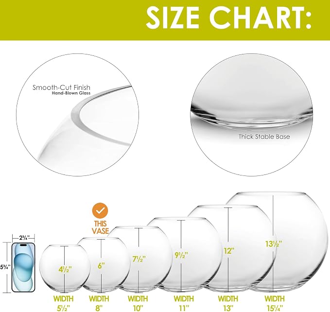 CYS EXCEL Glass Bubble Bowl (H-6" W-8", Approx. 3/4 Gal.) Small Fish Bowl Round Terrarium Vase Globe Flower Centerpiece for Weddings Events Arrangements