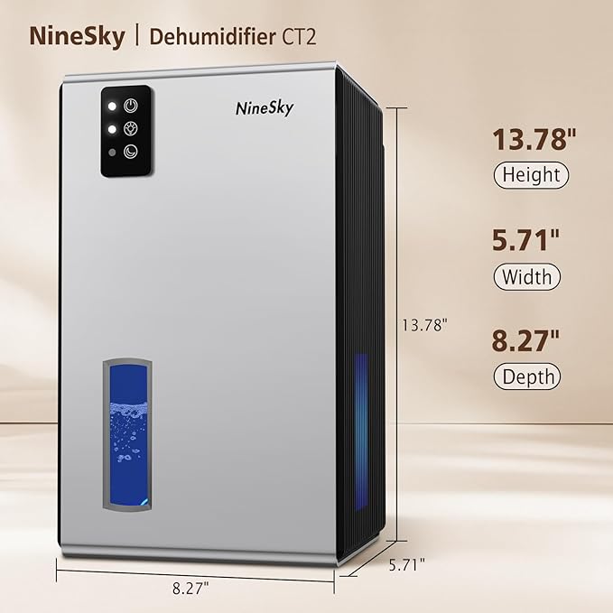NineSky Dehumidifier, 1000 sq.ft Dehumidifiers for Home with 95oz Large Water Tank,Quiet Dehumidifier with 7-Color Ambient Light & Auto Shut Off, Dehumidifier for Basement, Bedroom, Bathroom (Silver)