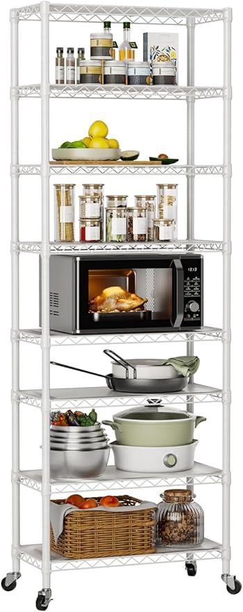 Golpart 8 Tier Shelves Storage Shelf Wire Closet Bathroom Organizers Metal Pantry Kitchen Garage Shelving Unit Laundry Room Organization Home Rack Net Basket Black with Wheels 12”D X 22”W X 74.2”H