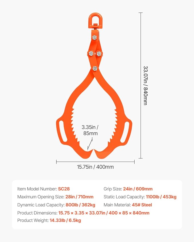 VEVOR Log Lifting Tongs 28in, 2 Serrated Claw Hook Log Tongs, Heavy Duty Steel Swivel Dragging Tongs, 1100LBS Log Grapple with Handles, Lumber Log Skidding Tongs for Tractors, Trucks, Forklifts, ATVs