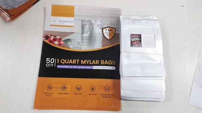 Mylar Bags - 50x (7 Mil thick each side) Stand-Up Zipper bags, Heat Sealable & Withstand Boiling Water - Long-Term Food Storage (2 Quart)