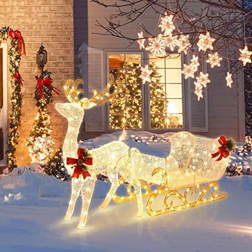 Tangkula 6 FT Christmas Lighted Reindeer & Santa’s Sleigh Set, Warm White