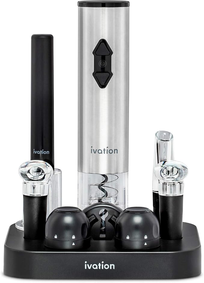Ivation 9-Piece Wine Set | Electric Opener, Air Pump, Pourer with Aerator, Wine and Champagne Stoppers, Foil Cutter, and Stand.