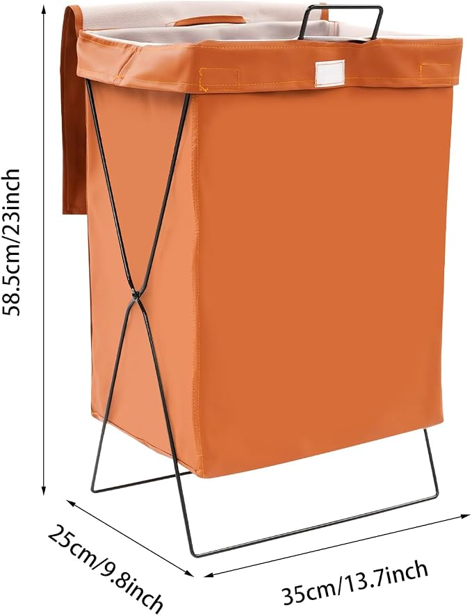 X-Frame Collapsible Laundry Basket, Foldable Dirty Clothes Basket w/Lid, Laundry Hamper Washing Bin for Bathroom, Bedroom, Dorm (Brown B)