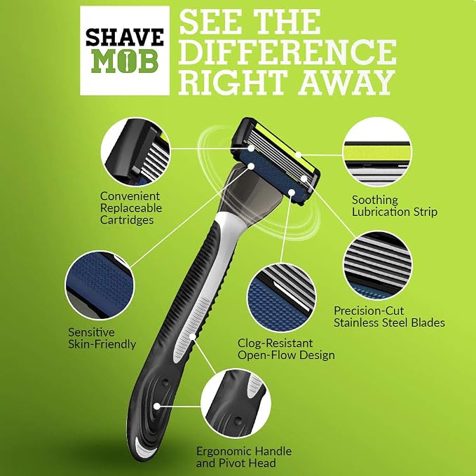 ShaveMOB 6-Blade Men's Razor Kit (Flex Head Handle 12 Refills) (No Trimmer) - The Caveman Shaving Kit