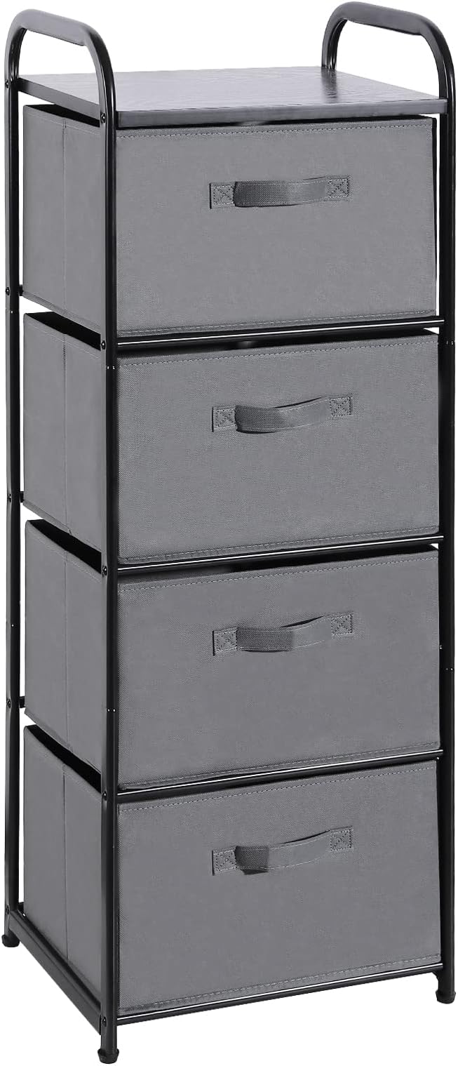 MAX Houser 4 Drawer Fabric Dresser Tall Storage Tower, Dresser Chest with Wood Top, Vertical Nightstand Side Organizer Unit with Metal Frame for Closets Bedroom Nursery Room Hallway(Leaden) | , Dresser Chest with Wood Top, Vertical Nightstand Side Orga...