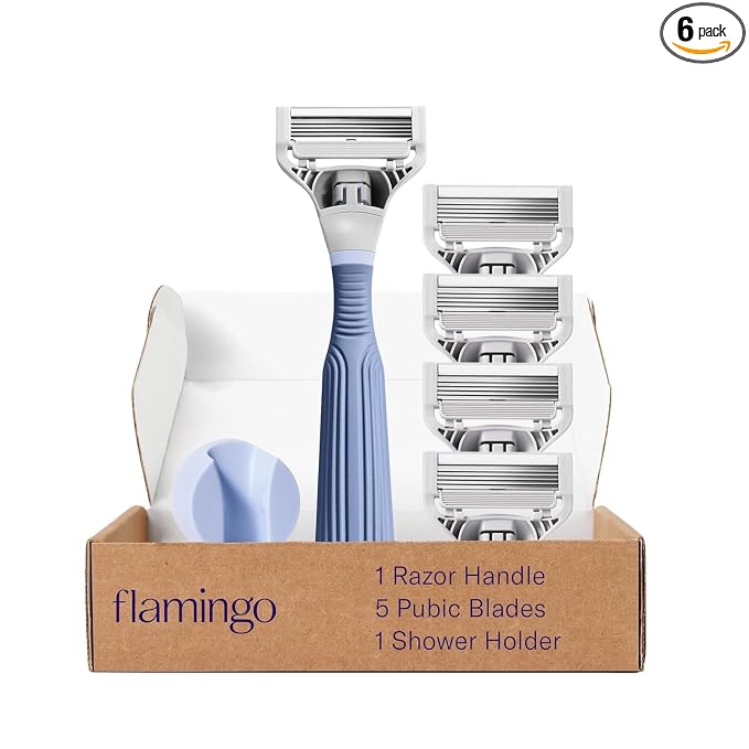 Flamingo Pubic Hair Razor for Women, Shaving Kit, 1 Pubic Razor Handle, 4 Five-Blade Refills, 1 Shower Holder, Starter Set, Full Kit