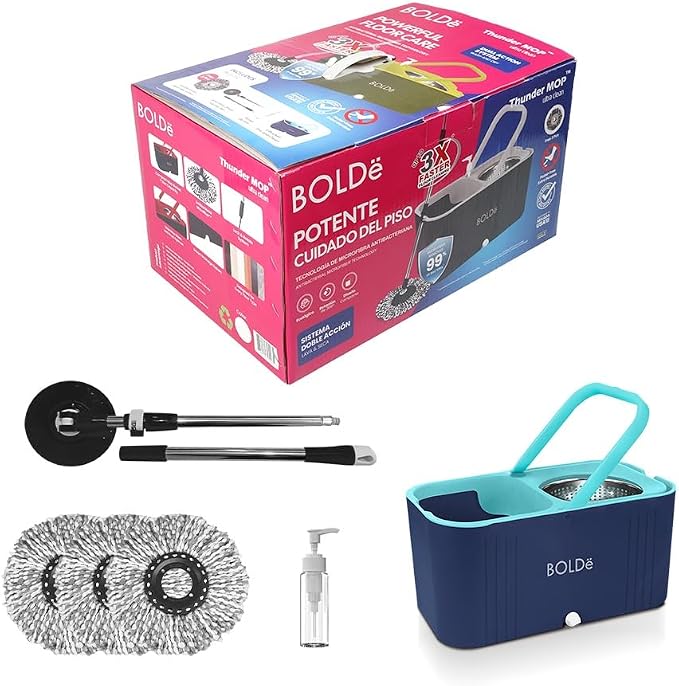 Thunder MOP Spin System - Ultra Clean - Single Bucket Microfiber Head, Stainless Steel Wringer, Antifungal Quick-Dry Cleaning, Soap Dispenser, 3 Free Refills (Navy/Cyan)