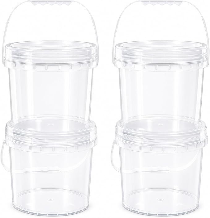 4 Pack 1 Gallon Food Grade Plastic Buckets with Screw Lids & Handle, Reusable Storage Containers for Snacks, Salad, Sauce - Clear Freezer Safe Bucket Set