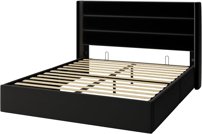 Allewie Queen Size Lift Up Hydraulic Storage Bed Frame Black | Modern Wingback Headboard, Hydraulic Support Storage, No Box Spring Needed