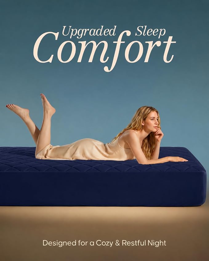 Quilted Fitted Mattress Pad, Twin Mattress Protector Topper with Deep Pocket Stretches up to 16 Inches, Machine Washable Mattress Cover by Utopia Bedding (Navy)