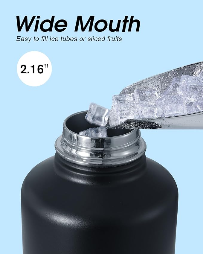 Half Gallon Insulated Water Bottle with Straw & 3 Lids, Coolflask 64 oz Water Jug Large Metal Stainless Steel Wide Mouth for Sports, Gym or Office, Non-BPA Keep Cold 48H Hot 24H, Piano Night