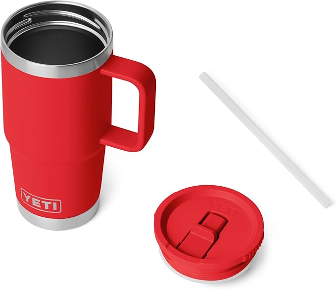YETI Rambler 20 oz Travel Mug with Flip Straw Lid – Stainless Steel, Vacuum Insulated, Leakproof, Cup Holder Friendly, Rescue Red