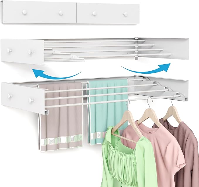 BAKON Wall Mounted Clothes Drying Rack 23.6'',Space Saving for Laundry Room | Heavy Duty Foldable Drying Rack Clothing for Hanging Towel, 60lbs Capacity, 4 Towel Hooks and 4 Rods