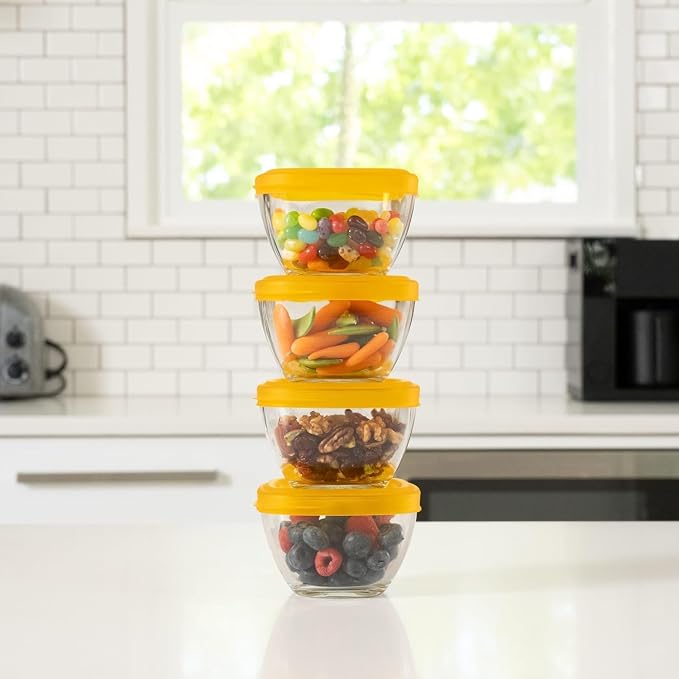 Libbey Serve It Glass Storage Bowls Set of 16 Stackable 2 Cup Food Storage Containers with Sung Fit Lids, Glass Bowls Set for Snacks, Leftover or Meal Prep