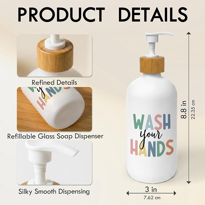 Kids Bathroom Soap Dispenser, Wash Your Hands Bathroom Countertop Hand Soap Dispenser with Pump, Colorful Boho Toddler Decor Handsoap Refillable Glass Pump Bottle Container