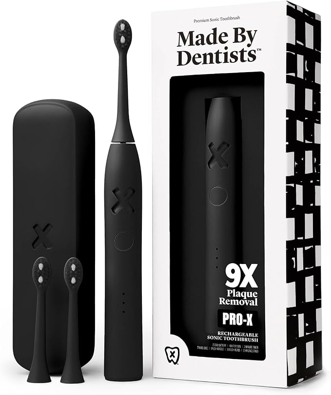 Made by Dentists PRO‑X Sonic Electric Toothbrush for Adults – Dentist‑Designed Whitening Rechargeable Toothbrush, 9 x More Plaque Removal, 70 Day Battery, 3 Modes, Travel Case & Extra Heads, Black