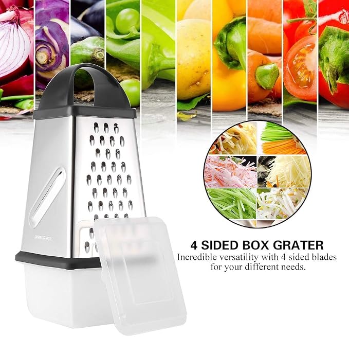 Cheese Grater, 4 Sided Box Grater Stainless Steel Cheese Grater Shredder Slicer for Grading Cheeses Fruits Vegetables Chocolates Peeler