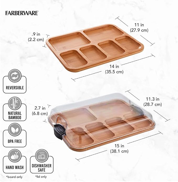 Farberware Bamboo Cutting Board with Clear Locking Lid, 11 x 14 Inch Build-A-Board Charcuterie Board with 6 Compartments for Food Prep, Snack Tray, and Entertaining
