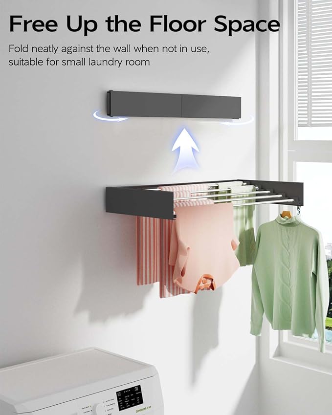 Vikaqi Wall Mounted Clothes Drying Rack 32", Foldable Wall Mount Laundry Rack Folding Indoor, Drying Rack Clothing Collapsible, Hidden Space Saver with Wall Template, 5 Rods, Black