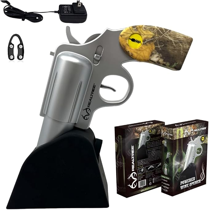 Realtree® Electric Gun Wine Bottle Opener - Open your Wine Bottle Fast with this New Corkscrew - Great Gift for Gun Enthusiasts and Wine Lovers. Foil Cutter and Charging Base Included. (Silver)