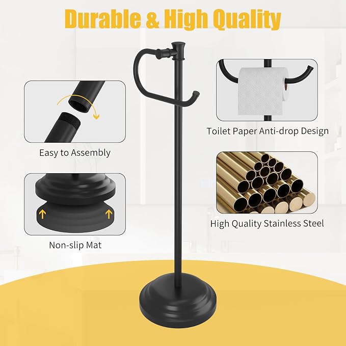 BESy Toilet Paper Holder Free Standing Bathroom Toilet Tissue Holder Stand for Floor Toilet Paper Roll Holder with Storage Hardware Accessories Rack Hand Towel Bar Matte Black Stainless Steel