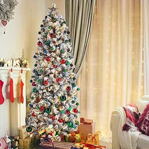 Yaheetech 6ft Pre-lit Snow Flocked Pencil Christmas Tree, Green & White