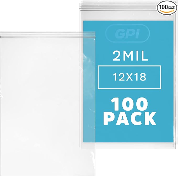 GPI - 12" x 18" Zip Bags, 100 Count, Clear Plastic Reclosable Zipper Poly Baggies, with Resealable Zip Top Lock. for Freezer, Apparel, Clothing, Food, Home & Office Supplies.