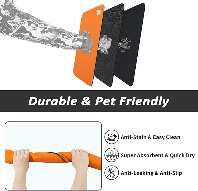 HotLive Dog Food Mat - Absorbent Cat Mat for Food and Water, No Stains Pet Feeding Bowl Mat, Easy to Clean Pet Placemats, Quick Dry Dog Water Dispenser Mat for Messy Drinkers | Paw Orange 12"x 19"