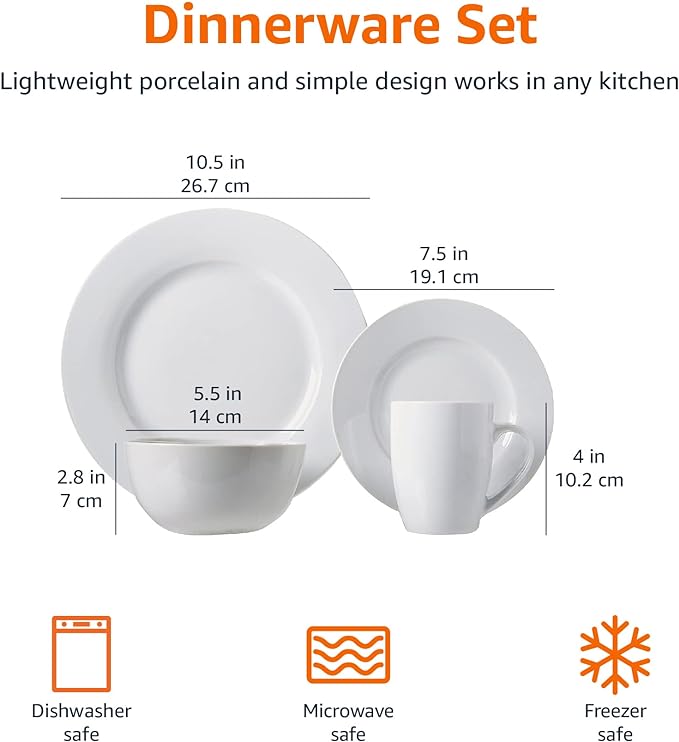 Amazon Basics 16-Piece Porcelain Dinnerware Set, Microwave and Dishwasher Safe, Service for 4, Plates, Bowls and Mugs, White