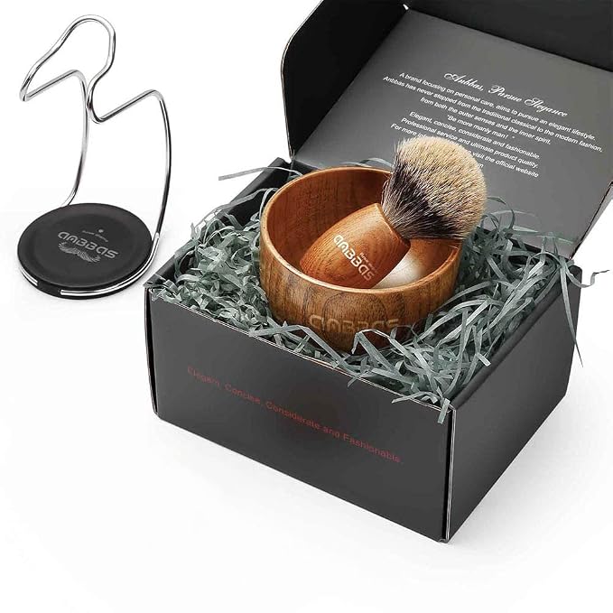 Anbbas Pure Badger Hair Shaving Brush Wood Handle and Large Soap Bowl with Stainless Steel Shaving Stand 3in1 Kit for Men