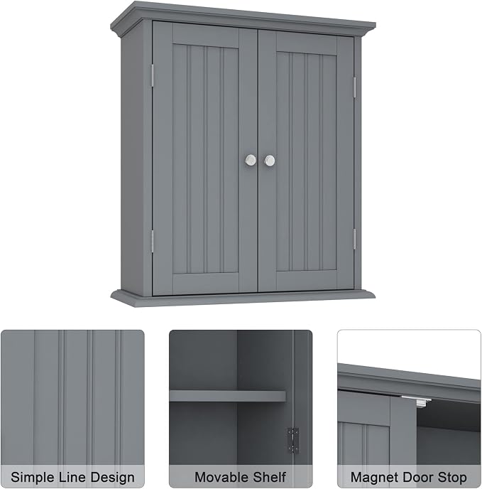 ChooChoo Bathroom Wall Cabinet, Over The Toilet Space Saver Storage Cabinet, Medicine Cabinet with 2 Door and Adjustable Shelves, Cupboard, Grey